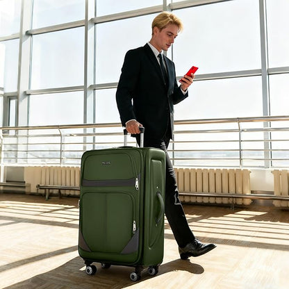 32'' Large Softside Suitcase,Expandable 15% Luggage,with Double Spinner Wheels and LOCK,Lightweight Travel Suitcase for Men/Women（Green-Grey,32in）
