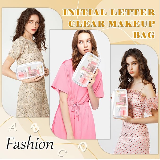 Personalized Initial Letter Clear Makeup Bag,Preppy Small Nylon&PVC Cosmetic Zipper Bag with Chenille Letter,Travel Skincare Toiletry Bag,Monogram Christmas Gift for Teen Girls Women,I