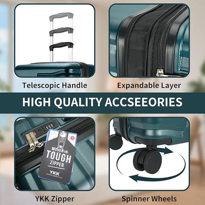 5-Piece Luggage Set, Lightweight ABS+PC Hard Shell Suitcase with YKK Zipper & TSA Lock for Family, Teal Blue, 14in/18in/20in/24in/28in