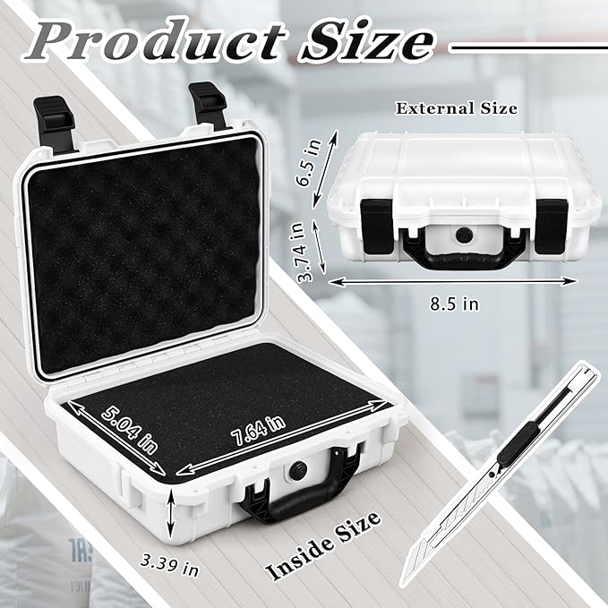 1 Pcs 8.5 x 6.5 x 3.7 Inch Waterproof Hard Case with DIY Customizable Foam Insert Portable Protective Case with Knife for Camera Drones Equipments Tools Test Instruments (White)