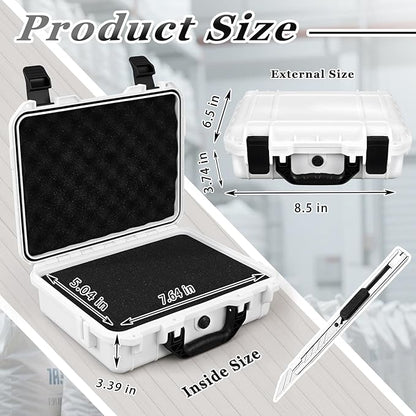 1 Pcs 8.5 x 6.5 x 3.7 Inch Waterproof Hard Case with DIY Customizable Foam Insert Portable Protective Case with Knife for Camera Drones Equipments Tools Test Instruments (White)