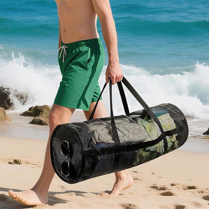 Dive Bag For Gear - Mesh Snorkel Gear Bag, Foldable Large Duffle, Breathable Lightweight Durable Equipment Carrier | Beach Travel Use For Swimming Snorkeling Diving Scuba Pool Laundry Gym Sports Balls