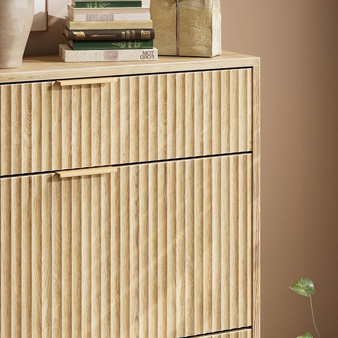 Evermagin 31.5''W Oak Shoe Cabinet Storage with Drawer for Entryway, Fluted Slim Shoe Dresser with 2 Flip Drawers, Narrow Shoe Rack Cabinet, Hidden Shoe Organizer Cabinet for Entrance, Hallway