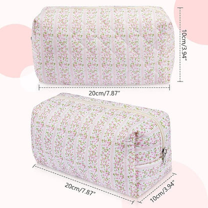 Floral Makeup Bag, Cute Cosmetic Bag for Women Girls, Quilted Cotton Make up Pouch, Travel Makeup Bags, Portable Storage Toiletry Organizer Bag(Blue Floral)