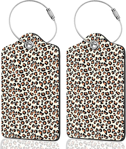 2Pack Luggage Tags for Suitcases, Cute Unique Pu Leather Cruise Luggage Tag with Privacy Cover ID Label Address Card and Metal Ring Suitable for Women Men Kids Travel Bag Leopard Print