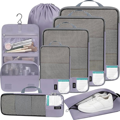 BAGAIL 4 Set/6 Set/8 Set Compression Packing Cubes Travel Accessories Expandable Packing Organizers(HalfMesh,8-Dusty Purple)