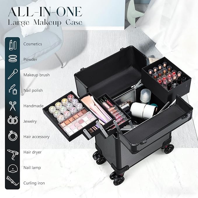 Rolling Makeup Case, Cosmetology Case on Wheels Makeup Train Case Professional Vanity Case with Trays for Women Large Travel Makeup Box Organizer Makeup Trolley on Wheels with Key,Ashy Grey