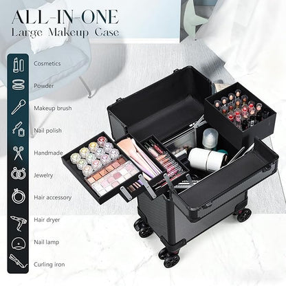 Rolling Makeup Case, Cosmetology Case on Wheels Makeup Train Case Professional Vanity Case with Trays for Women Large Travel Makeup Box Organizer Makeup Trolley on Wheels with Key,Ashy Grey