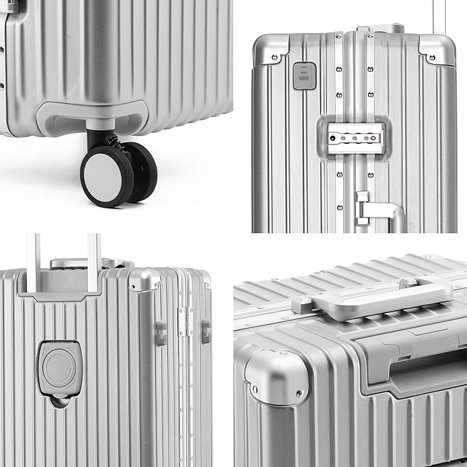 20 Inch Aluminum Frame Carry On Luggage 22x14x9 Airline Approved with Spinner Wheels,Zipperless Hard Shell Small Rolling Suitcases with TSA Approved USB Port,Cup & Phone Holder,Silver