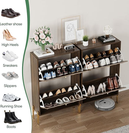 Shoe Storage Cabinet with Textured Diagonal Lines Doors 2 Flip Drawers, Walnut Narrow Shoe Cabinet Storage for Entryway, Freestanding Shoe Organizer Cabinet, Slim Shoe Rack Cabinet