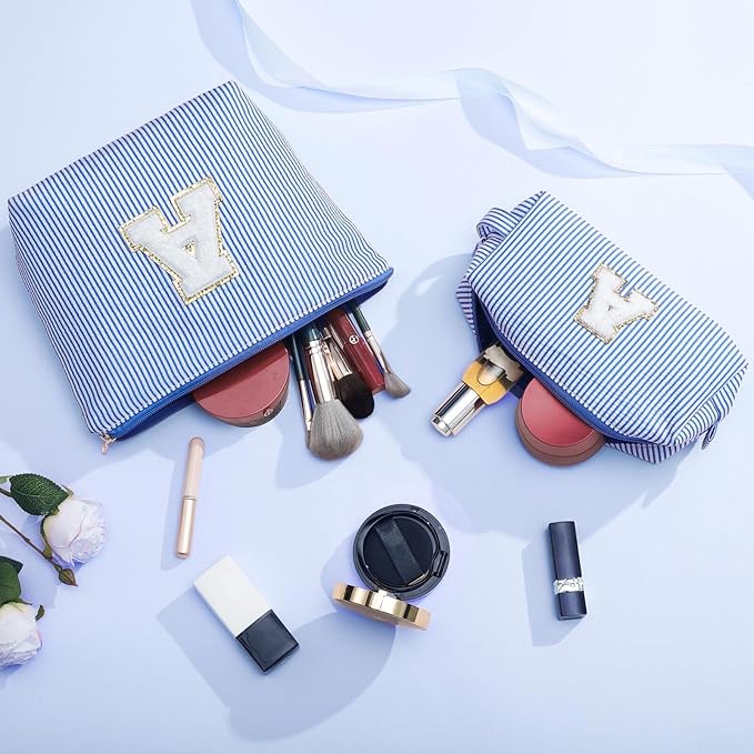 YOOLIFE Cute Makeup Bag for Girls Women - Personalized Initial Blue Makeup Pouch for Girlfriend Bridesmaid Wife | Cosmetic Travel Toiletry Bag for Her Mom | Birthday Preppy Stuff C
