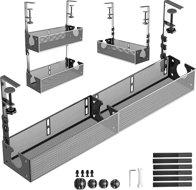 Multi-Model Under Desk Cable Management Tray 2 Packs Metal Under Desk Wire Management Clamp Mount Under Table Cord Management No Damage The Desk (Black)
