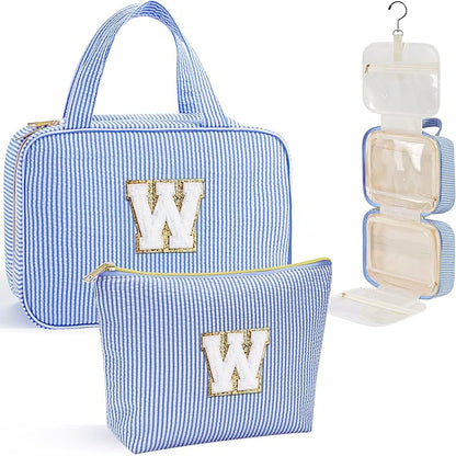 YOOLIFE Hanging Toiletry Bag for Women - Travel Toiletry Bag Makeup Bag, Portable Toiletries Cosmetic Bag, Airplane Travel Essentials - Letter W, Blue