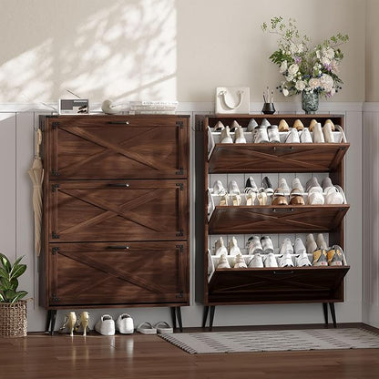 Shoe Organizer Cabinet Narrow with 3 Flip Drawers Shoe Rack Cabinet Hidden Slim Freestanding Shoe Storage Cabinet 24 Shoes for Entryway,Living Room, Rustic Walnut