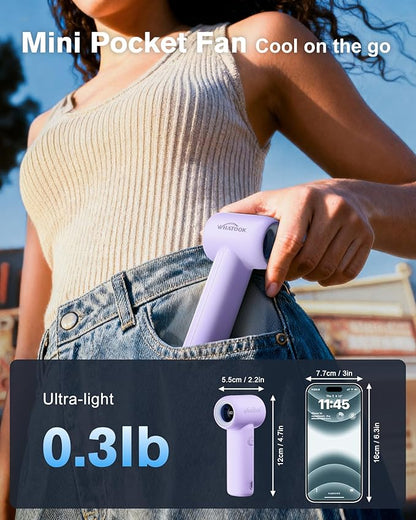 WHATOOK Mini Pocket Fan Portable Handheld Fans,3000mah Small Rechargeable Turbo Personal Fan Travel Essential Outdoor Activities Beach Vacations Camping Gifts for Women face makeup skincare（Purple）