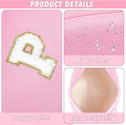 Initial Makeup Bag Personalized Preppy Travel Small Cosmetic Bag Cute PU Pink Chenille Letter Makeup Pouch for Purse Waterproof Zippered Toiletry Organizer for Women Girls Kids Friends (P)