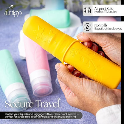 unigo Travel Bottles For Toiletries, 4-pack TSA Approved Containers, Travel Size Toiletries, Shampoo and Conditioner Bottles, Leak Proof and Refillable Bottles, Extra Bottle Covers (Multicolor A)