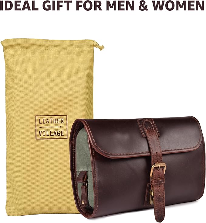 LEATHER VILLAGE Hanging Leather Toiletry Bag for Men – Handcrafted Vintage Premium Travel Dopp Kit with Waterproof Lining, Shaving Organizer and Shower Bathroom Essentials Case - Cherry