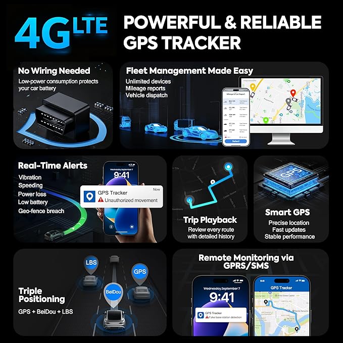 GPS Tracker for Vehicles, 4G LTE, Vehicle Location, Route History, Driving Alerts, Geo-Fence & Accident Notifications for Fleets & Family, OBD GPS Tracker with Phone App- Cancel Anytime ZT-50O