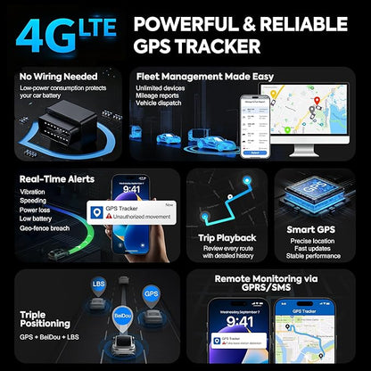 GPS Tracker for Vehicles, 4G LTE, Vehicle Location, Route History, Driving Alerts, Geo-Fence & Accident Notifications for Fleets & Family, OBD GPS Tracker with Phone App- Cancel Anytime ZT-50O