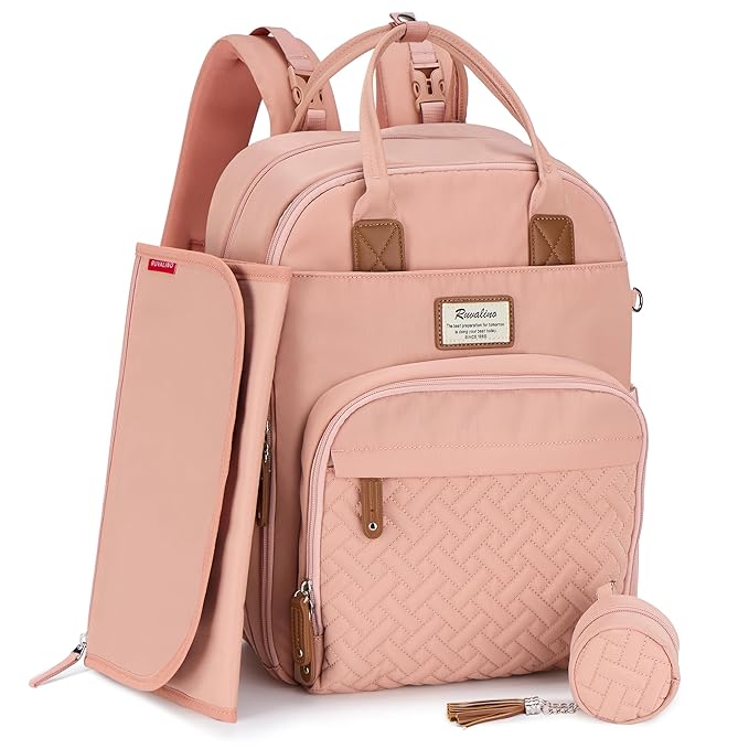 RUVALINO Diaper Bag Backpack, Multifunction Travel Pack Maternity Baby Changing Bags, Large Capacity, Waterproof, Pink