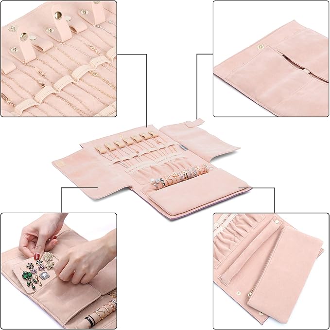 Becko US Jewelry Organizer Roll Travel Jewel Bag case for Multiple Necklaces, Rings, Bracelets, Supple Leather & Suede, Large Capacity Without Crease, Lightweight, Portable & Practical (Purple)