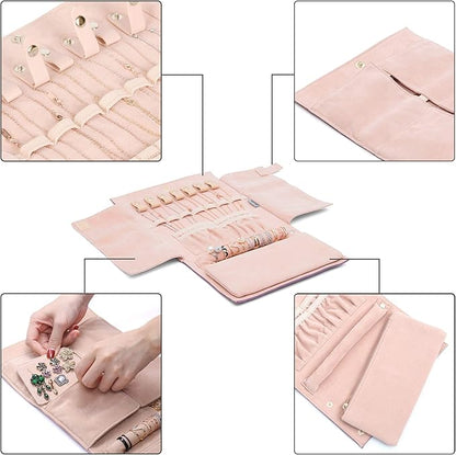 Becko US Jewelry Organizer Roll Travel Jewel Bag case for Multiple Necklaces, Rings, Bracelets, Supple Leather & Suede, Large Capacity Without Crease, Lightweight, Portable & Practical (Purple)