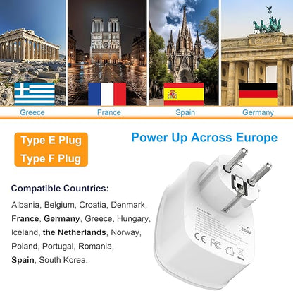 Type E/F Plug Adapter, VooLerTun France Germany Travel Adapter with 30W Fast Charge Power Adapter Dual Ports Compatible Cell Phone Camera, 1 American Outlet Adapter, US Converter European Travel