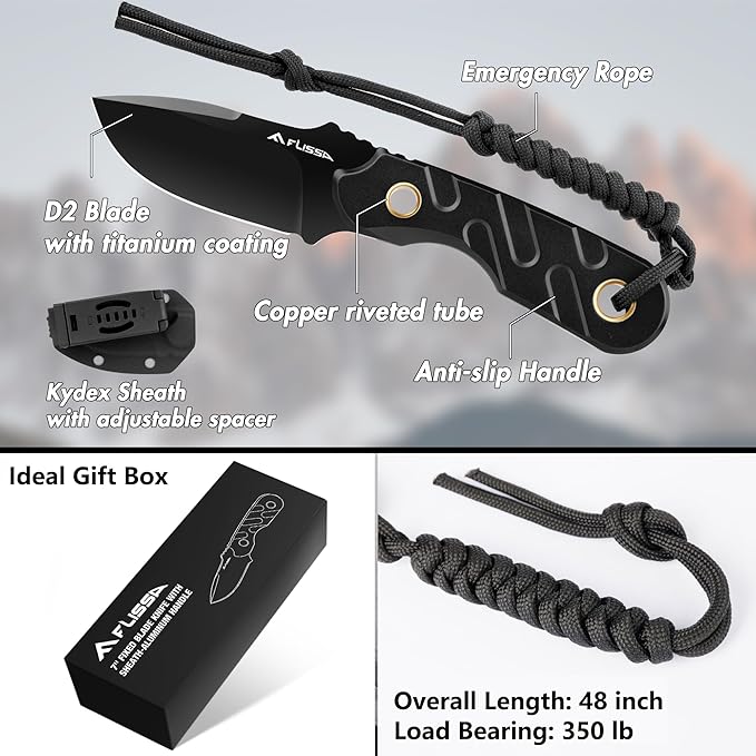 FLISSA Fixed Blade Knife, 7 Inch Full Tang Hunting Knife with Kydex Sheath and Emergency Rope, Tactical Knife for Survival, Camping, Hiking(Black)
