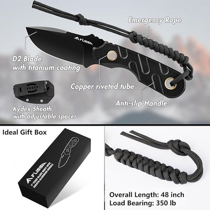 FLISSA Fixed Blade Knife, 7 Inch Full Tang Hunting Knife with Kydex Sheath and Emergency Rope, Tactical Knife for Survival, Camping, Hiking(Black)