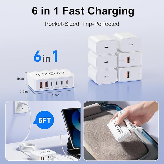 USB C Charger Block, 120W 6 Port USB Charging Station for Multiple Devices, Multi Type C Fast Charging Hub for iPhone 17 16 15 14 Pro Max ipad Samsung Galaxy, Perfect for Travel Home Office, White