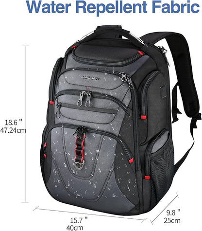 KROSER Friendly Travel Laptop Backpack 17.3 inch XXXL Gaming Backpack Water-Repellent College Daypack Business Backpack with RFID Pockets & USB Port for Men/Women-Black/Grey