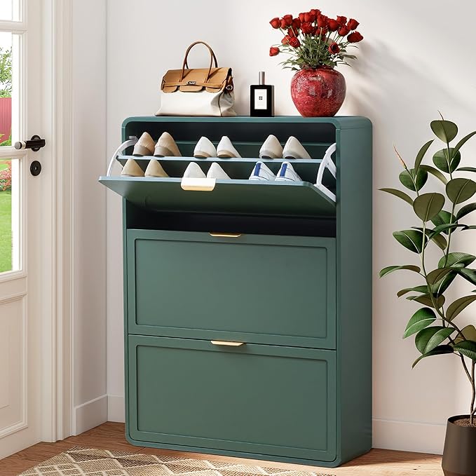 Hidden Shoe Cabinet with Drawer, Free Standing Narrow Shoe Rack Cabinet for Entryway Slim, 3 Flip Drawer Shoe Storage Organizer Cabinet for Entry,Hallway,Door,Dorm,Small Spaces - Green