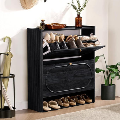 ORRD Shoe Storage Cabinet with 2 Flip Drawers Set of 2, Wood Narrow Shoe Cabinet for Entryway, Fluted Hidden Shoe Organizer, Freestanding Slim Shoes Cabinets for Foyer, Hallway-Black