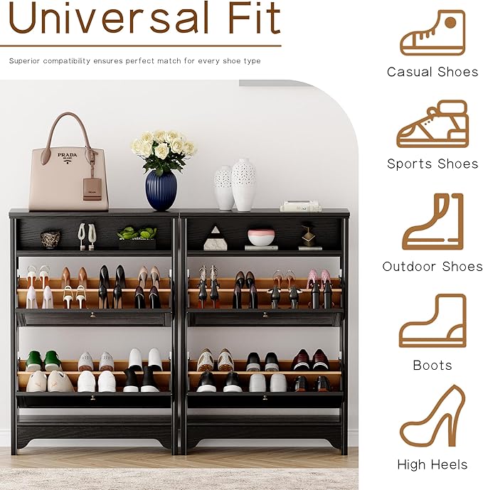 Chogori Solid Wood Shoe Storage Cabinet for Entryway - Narrow Freestanding Shoe Organizer with 2 Flip-Up Drawers, Hallway Shoe Rack with Sturdy Wooden Legs for Foyer, Living Room (1, Onyx Black)