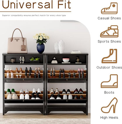 Chogori Solid Wood Shoe Storage Cabinet for Entryway - Narrow Freestanding Shoe Organizer with 2 Flip-Up Drawers, Hallway Shoe Rack with Sturdy Wooden Legs for Foyer, Living Room (2, Onyx Black)