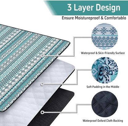Extra Large Picnic Outdoor Blanket 60''x80'' Teal Blue Tribal Stripes Waterproof and Sandproof Picnic Mat for Beach Foldable Camping Accessories for Grass Lawn Park