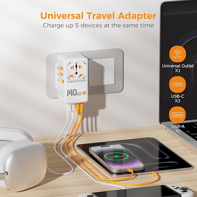 TESSAN Universal Travel Adapter 140W GaN, International Plug Adaptor with 1 USB A and 3 USB C Charging Ports, Worldwide Power Outlet for US to Europe UK AUS Ireland(Type C/G/A/I)