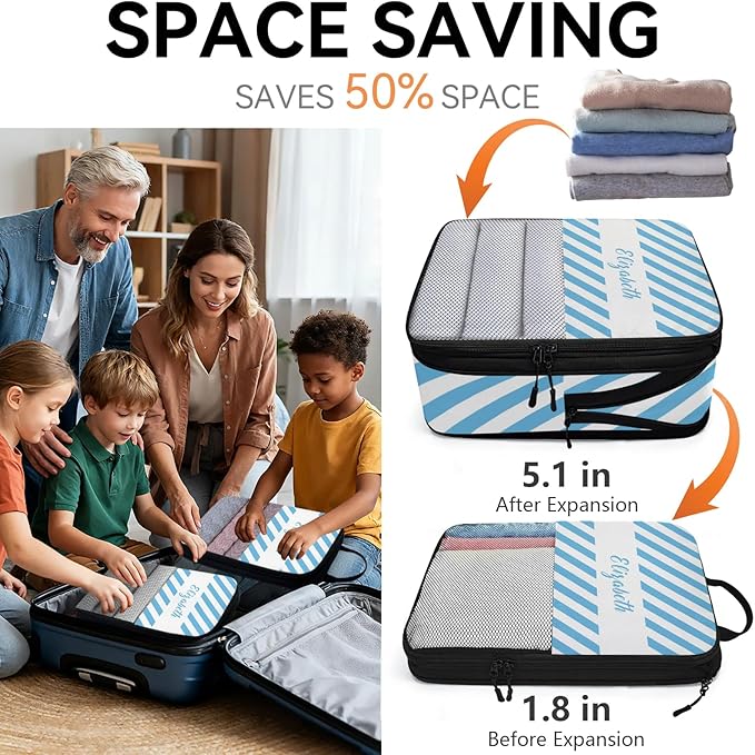 Custom 6 Set Compression Packing Cubes with Name Striped Personalized Compressible Expandable Packing Organizers Luggage Carry On Suitcase Bags Travel Accessories Gifts, Light Blue
