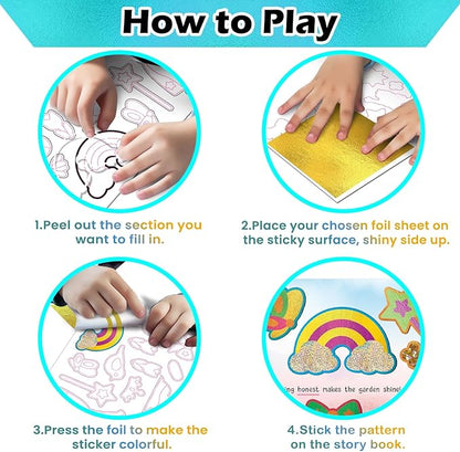 FLUXOJOY Foil Art Craft Book Kits for Kids, Mess -Free Fun Activity Set for Child, DIY Printing Craft Books, Christmas Gifts for Ages 4 5 6 7 8 9 10 11 12 Years, Princess Travel Toys for Boys Girls