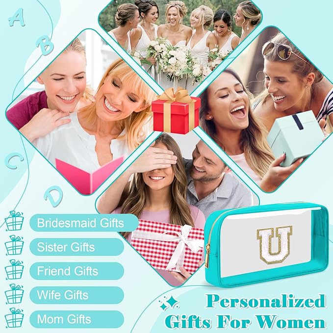 Personalized Initial Letter Clear Makeup Bag,Preppy Small Nylon&PVC Cosmetic Zipper Bag with Chenille Letter,Portable Beach Travel Skincare Toiletry Bag,Trendy Monogram Gift for Teen Girls Women,U