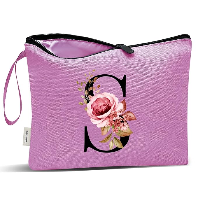 Vavabox A-Z Personalized Makeup Bag, Birthday Gifts for Women Mom, Gifts for Best Friend, Bride Bridesmaid Cosmetic bag (S, Purple)