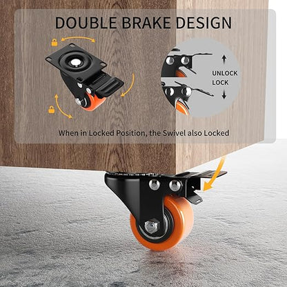 2 Inch Caster Wheels, Casters Set of 4, Heavy Duty Casters with Brake, Locking Industrial Swivel Top Plate Casters Wheels for Furniture and Workbench Cart(Two Hardware Kits Include)