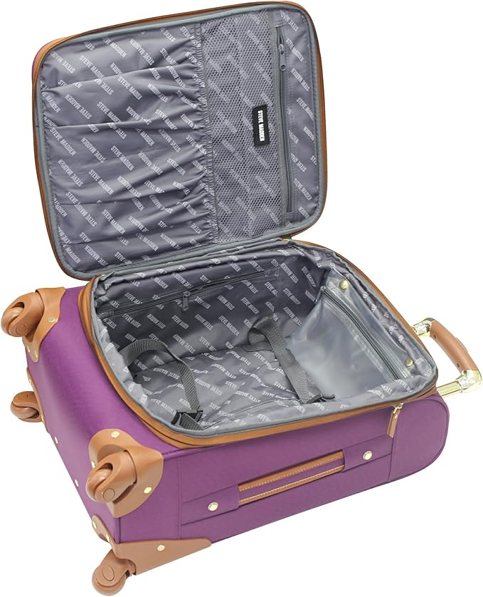 Steve Madden Designer Luggage Collection - Lightweight Softside Expandable Suitcase for Men & Women - Durable 20 Inch Carry On Bag with 4-Rolling Spinner Wheels (Global Purple)