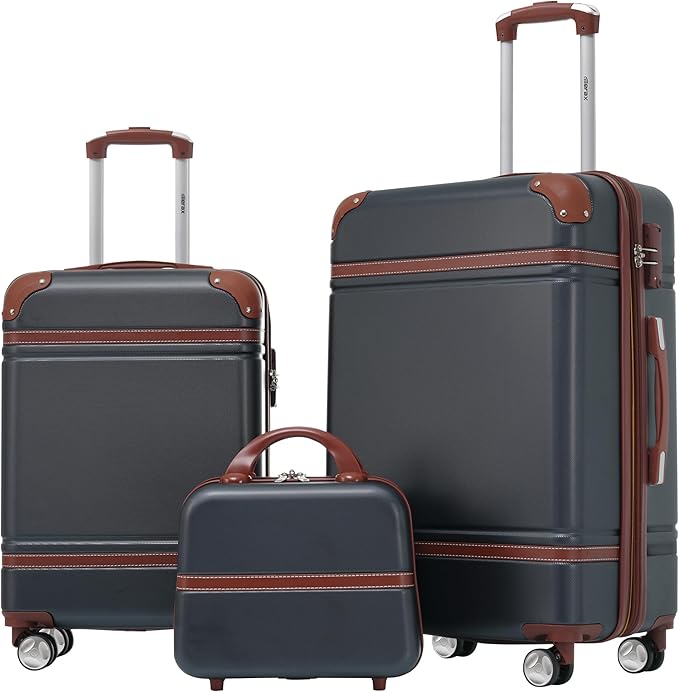 Merax Luggage Set, 2 Piece Luggage with Cosmetic Case, Vintage Hardcase Suitcase with Wheels, Expandable Luggage Airline Approved(Black,20"+24")