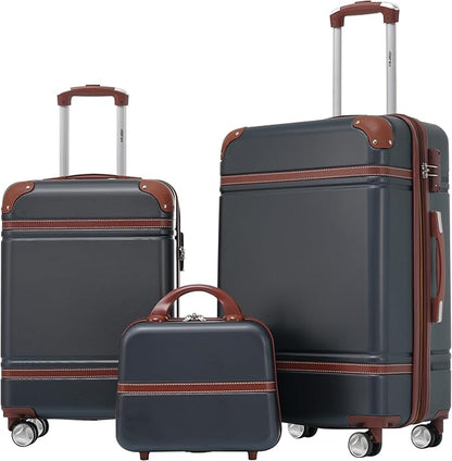 Merax Luggage Set, 2 Piece Luggage with Cosmetic Case, Vintage Hardcase Suitcase with Wheels, Expandable Luggage Airline Approved(Black,20"+24")