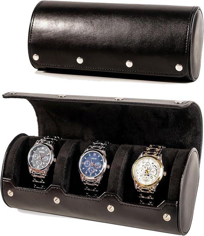 MR.OKAY 3 Watch Travel Case-Classic Leather Watch Case With Superb Texture.Portable Watch Roll Or Organizer For Storage And Display. Men's Great Gift For Traveling,100% Handmade by Artisans.