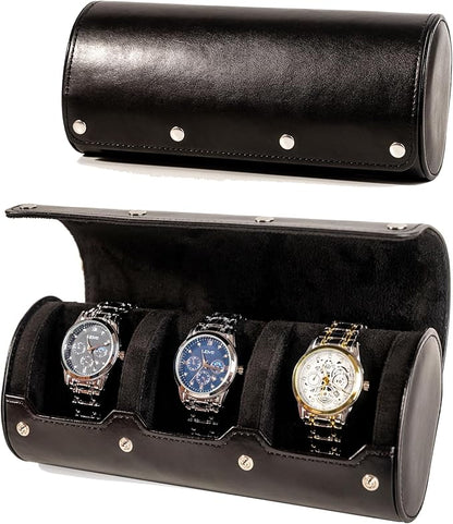 MR.OKAY 3 Watch Travel Case-Classic Leather Watch Case With Superb Texture.Portable Watch Roll Or Organizer For Storage And Display. Men's Great Gift For Traveling,100% Handmade by Artisans.