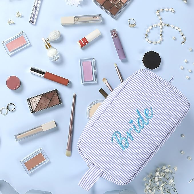 Etercycle Bride Makeup Bag, Blue Striped Cosmetic Bag Embroidery Bridal Shower Gifts, Large Travel Make Up Bags with Inside Pockets Toiletry Bag for Women Wedding Engagement Bachelorette Party