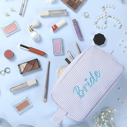 Etercycle Bride Makeup Bag, Blue Striped Cosmetic Bag Embroidery Bridal Shower Gifts, Large Travel Make Up Bags with Inside Pockets Toiletry Bag for Women Wedding Engagement Bachelorette Party